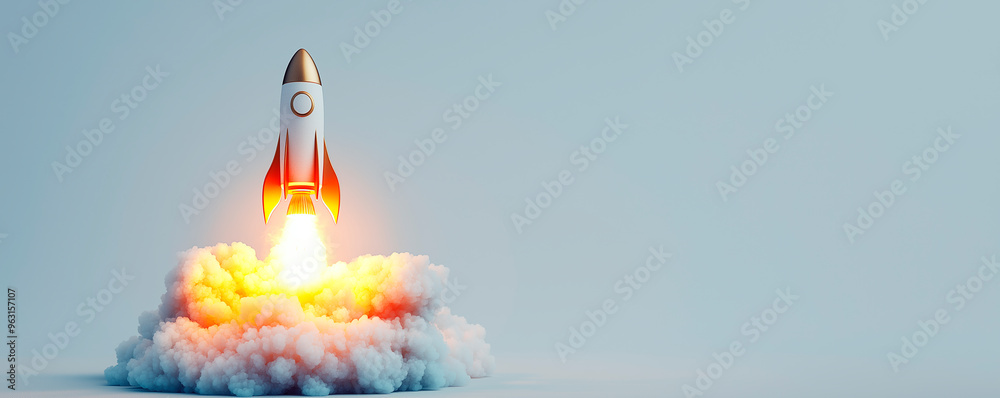 Wall mural Rocket taking off with bright light and smoke on a light blue background.