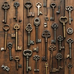 Vintage Keys Collection: Overhead View on Rustic Wood Background 2