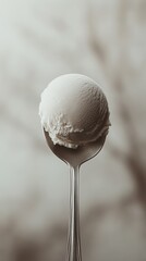 Spoon with vanilla ice cream against blurred
