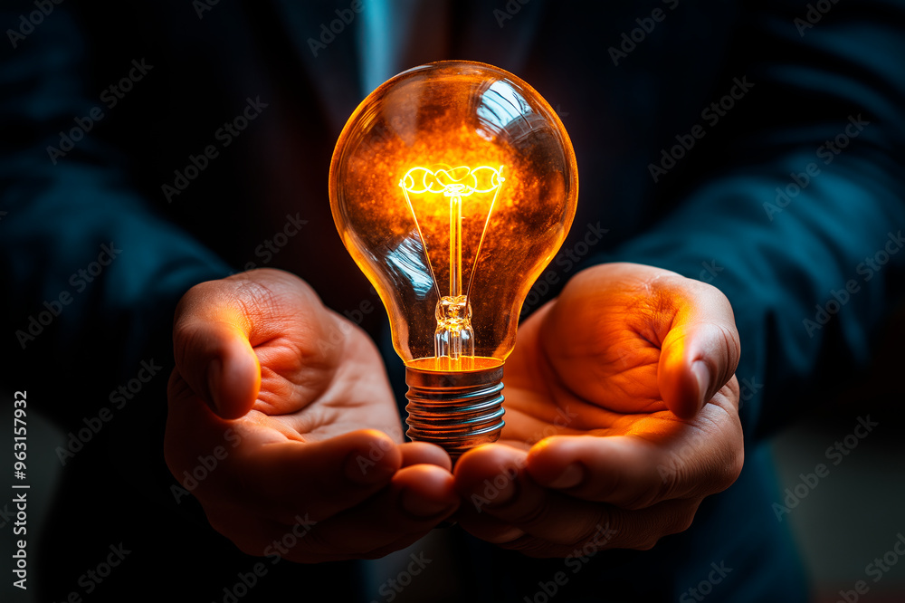 Poster glowing lightbulb held in hands symbolizing a bright idea and innovation concept.