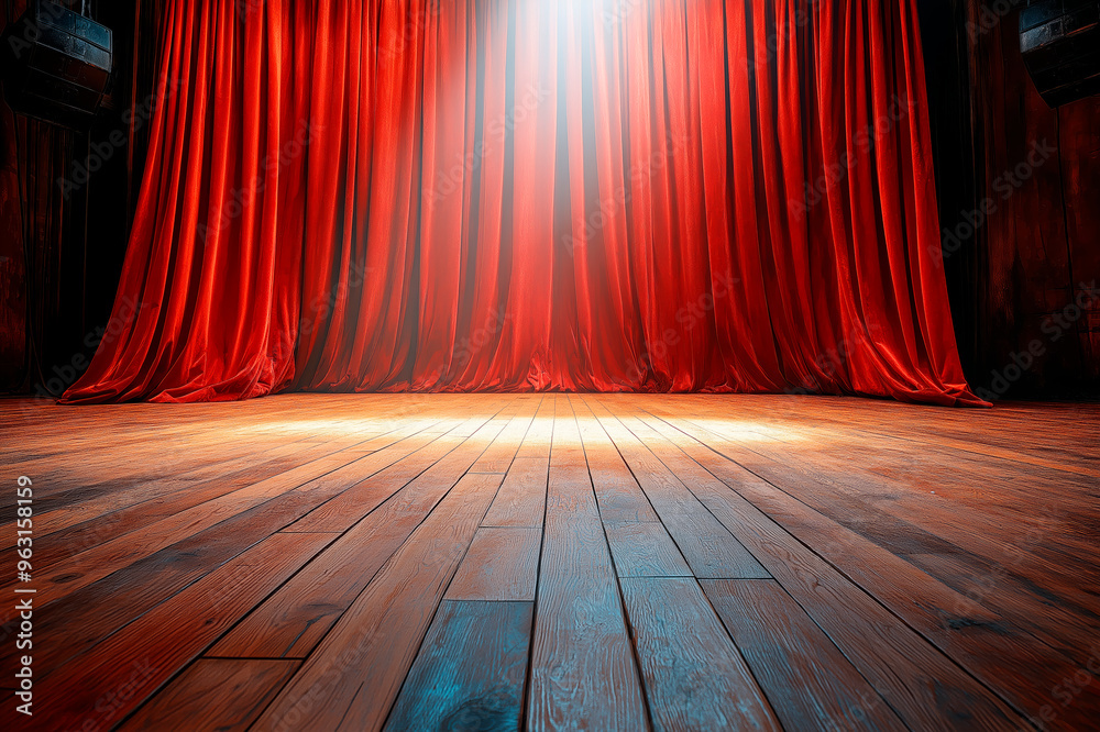 Aufkleber empty stage with red curtains illuminated by spotlight in theater hall. ai generative.