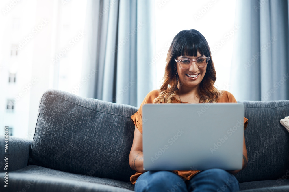 Poster glasses, creative and woman with laptop, online and typing on app, smile and content creator in home