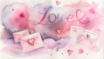 Watercolor love letters, romantic atmosphere, heartfelt messages, soft pastel colors, copy space