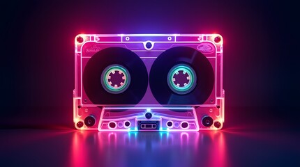 Fototapeta na wymiar Neon-lit retro cassette tape glowing in vibrant colors against a dark backdrop 
