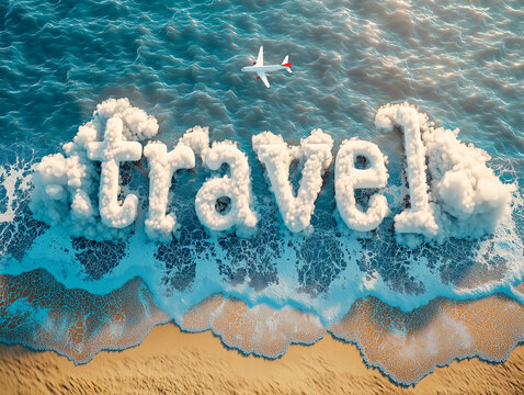 Airplane flying over ocean with travel cloud text on beach background. - Powered by Adobe