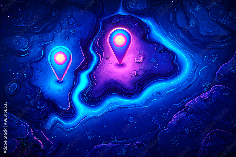 Poster neon map with glowing location markers on a dark abstract background.