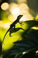 Fototapeta premium A green lizard is sitting on a leaf. The lizard is small and has a long tail. The leaf is green and has a few drops of water on it
