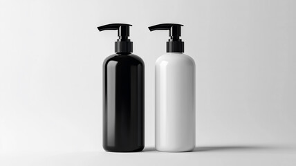 Obraz premium two black and white of shampoo bottles with pump heads on a white background. - mockup template for a design presentation.