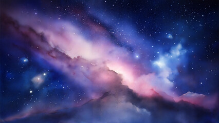 Fototapeta premium Watercolor galaxy painting, dreamy atmosphere, night sky, vibrant colors, copy space