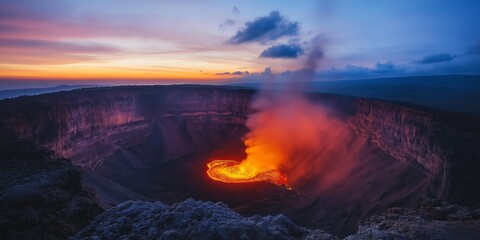Fototapeta premium A volcano with a lava flow in the foreground and a sunset in the background. The lava flow is orange and the sky is pink and purple