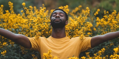 A man in a yellow shirt is standing in a field of yellow flowers. He is looking up and he is in a peaceful and relaxed state