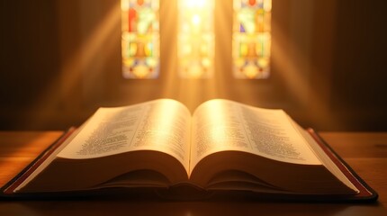  Majestic high-resolution photo of an open Bible on a wooden table with radiant light 