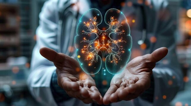 A doctor is holding human's kidney hologram in futuristics concept. For learning biology, anatomy, human organ. World Kidney Day.