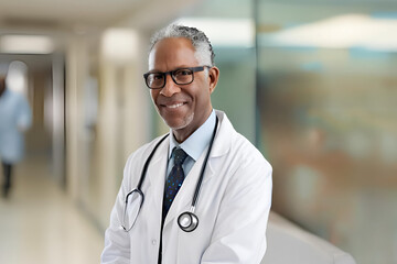 A black, senior, professional doctor, wearing a stethoscope looking at the camera, hospital background. Close up, medical concept.