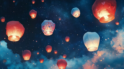 Patriotic paper lanterns painted with red, white, and blue designs, floating into the night sky, symbolizing hope.
