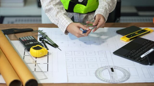 Architects or engineer holding pen pointing equipment architects on laptop with on on architectural project at construction site at desk in office.