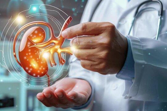 A doctor is holding human's kidney hologram in futuristics concept. For learning biology, anatomy, human organ. World Kidney Day.