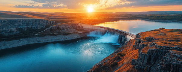 Fototapeta premium A breathtaking hydroelectric dam at sunset, with vibrant colors reflecting on the calm water, surrounded by rolling hills and a serene landscape.