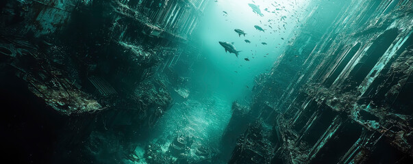 Fototapeta premium Hydroelectric turbines are visible underwater, surrounded by various fish and marine life, reflecting the interaction between technology and nature in clear water.