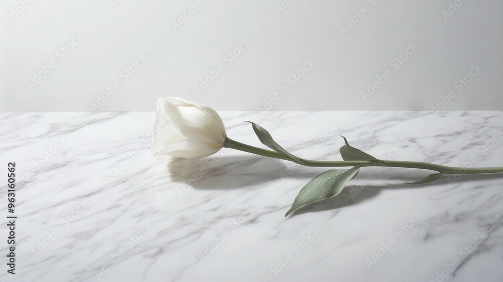 Poster A delicate rose rests gently against the pristine white marble, embodying simplicity and elegance in soft natural light. Generative AI