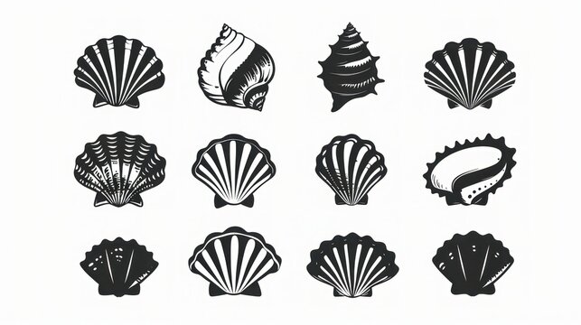 Simple seashell silhouette logo design featuring various bivalve shells in black. Concept logo design, seashell silhouette, bivalve shells, black, simple 