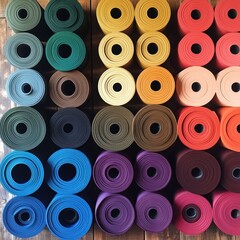 Yoga Mats Collection: Overhead View on Wooden Floor - Editorial Photography