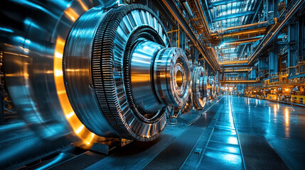 Fototapeta premium A close-up view of massive turbine generators in a modern power plant, showcasing intricate engineering and gleaming metal surfaces illuminated by ambient lighting.