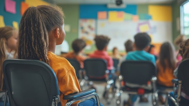 Rear view of a schoolgirl in a wheelchair looking at the camera in a bright classroom. Concept of inclusive education, diversity, and support for children with special needs in modern schools.