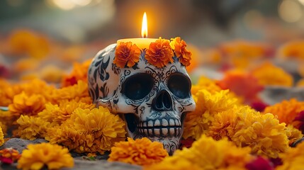 Skull with Candle and Flowers
A cute skull with a lit candle on its head, surrounded by traditional marigold flowers and glowing soft light, creating a warm and peaceful feel.