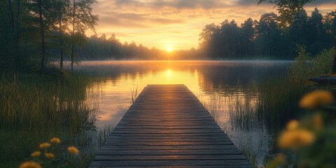 Fototapeta premium Wooden Dock Extending into a Calm Lake at Sunset