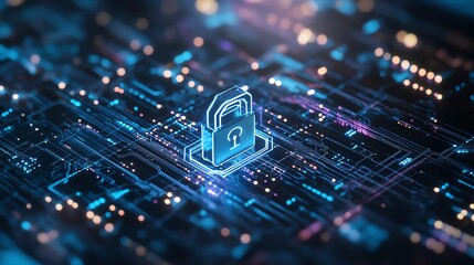 Fototapeta premium Digital data security concept with a glowing padlock icon on a circuit board background, representing cybersecurity and data protection.