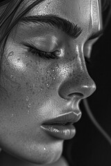 A woman with a puffy nose and dark hair. The image is black and white. The woman's face is wet, and she is crying