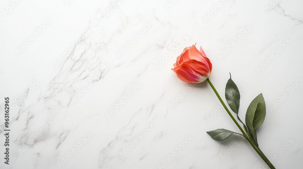 Leinwandbilder a single tulip rests elegantly on a pristine white marble surface, showcasing simplicity and beauty 
