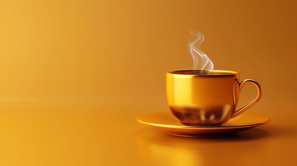 Gold cup with steaming fresh coffee on a golden background with copy space