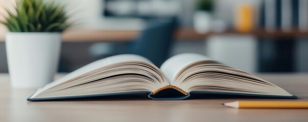 Obraz premium Image of an open book on a desk, accompanied by a pencil and a small plant, creating a peaceful study or workspace setting. 