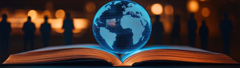 Opened book displaying a holographic globe, surrounded by business people silhouettes, Global business strategies, International trade