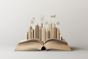 Opened book with a cityscape emerging from its pages, skyscrapers and business icons rising, Business innovation, Urban development