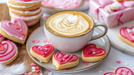 coffee and heart-shaped cookies on a fur rug