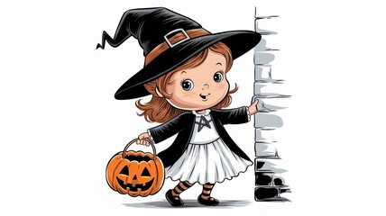 Cute Witch Girl Trick Or Treating with Pumpkin