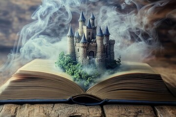 Magical illustration of a fairy tale castle rising from the pages of an open book, surrounded by swirling mist, symbolizing fantasy, storytelling, and imagination. © Aurora