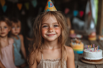 Fototapeta premium happy little girl with a festive hat celebrating