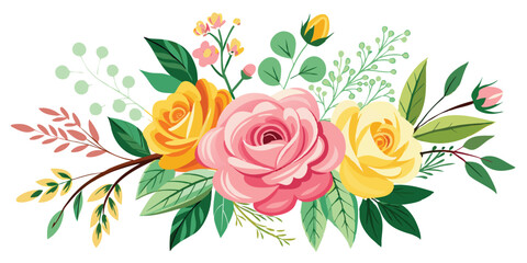 Colorful Floral Branch with Pink & Yellow Roses, Wildflowers - Vector style on white background. 