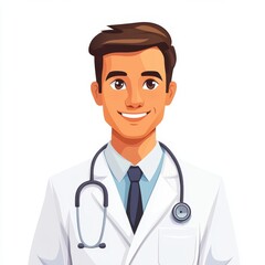 Fototapeta premium Minimalist Flat Design of a Smiling Doctor with Stethoscope on White Background