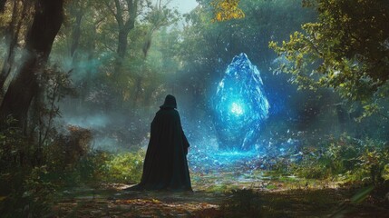 Sorcerer summoning a glowing creature from a magic portal in the middle of a forest.
