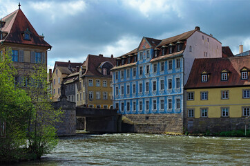 Scenic landscape view of medieval Bamberg town, Upper Franconia district in Bavaria, Germany. Colorful vintage buildings along the river Regnitz. Travel and tourism concept