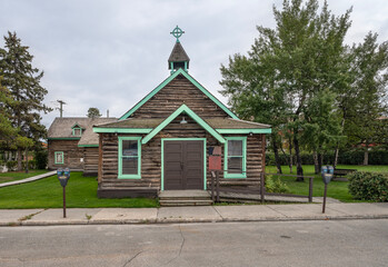 Old historic log church in downtown Whitehorse, Yukon, Canada