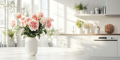 A vase of pink flowers sits on a white table in a bright kitchen with a blurred background.