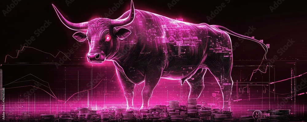 Poster a vibrant digital depiction of a bull symbolizing strength and financial growth with dynamic market 