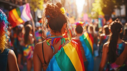Rear view of woman in rainbow flag among crowd at pride march, vibrant light and joyful atmosphere. Concept of inclusion and equality