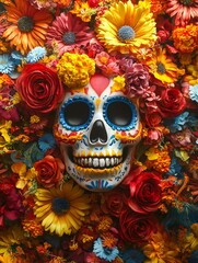 Skull with Festive Face Paint
A cute skull with playful face paint in bright reds, yellows, and blues, smiling among vibrant flowers and symbols of celebration.